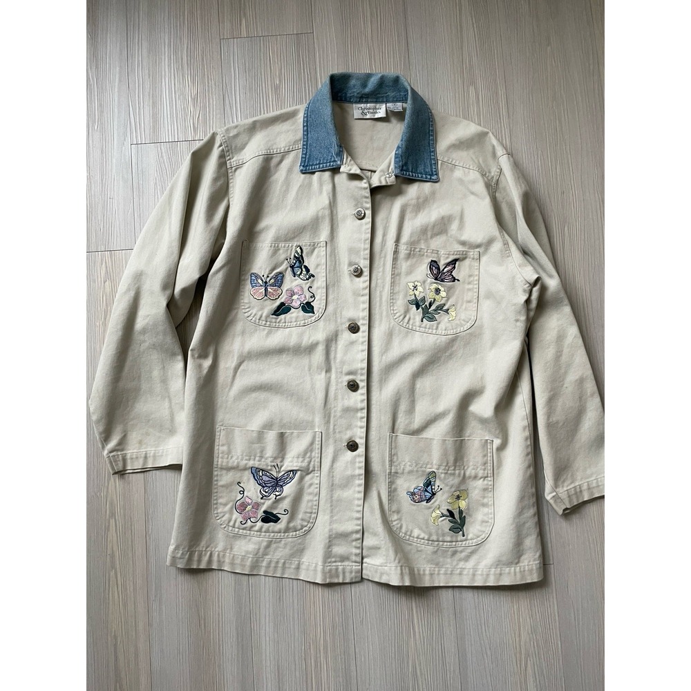 Christopher Banks Women's Embroidered Chore Coat Canvas Denim Collar Sz M Whimsy
